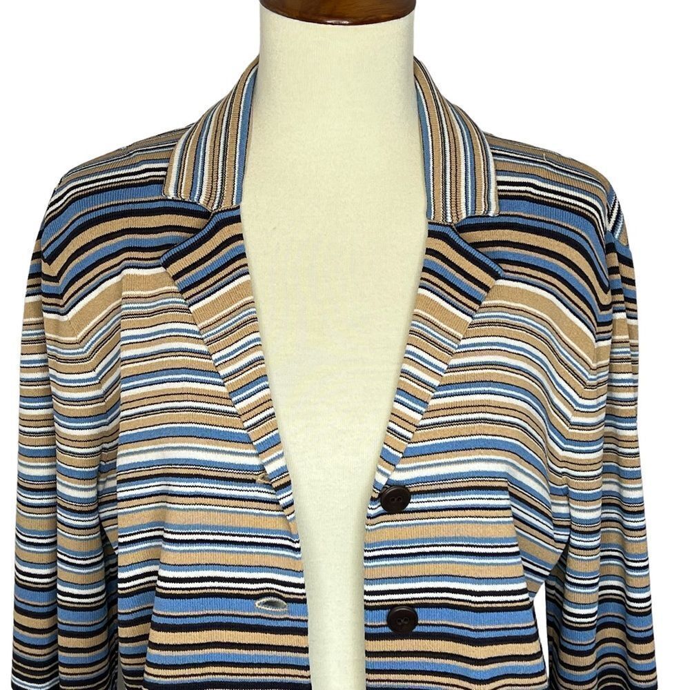 Vintage Jones New York Cardigan Sweater Button Front Size M Striped Blues Tan - Picture 4 of 10